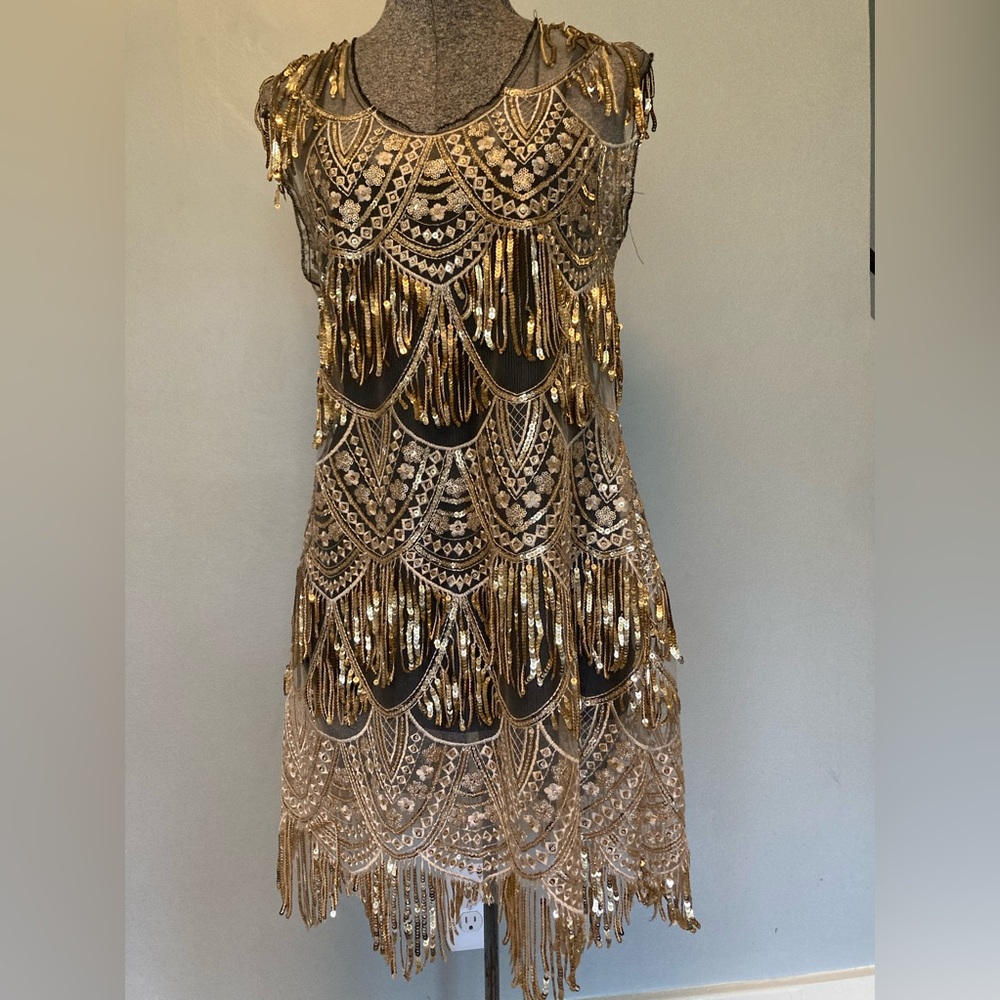 Gold Sequin Sheer Handmade Dress Ladies size One Size